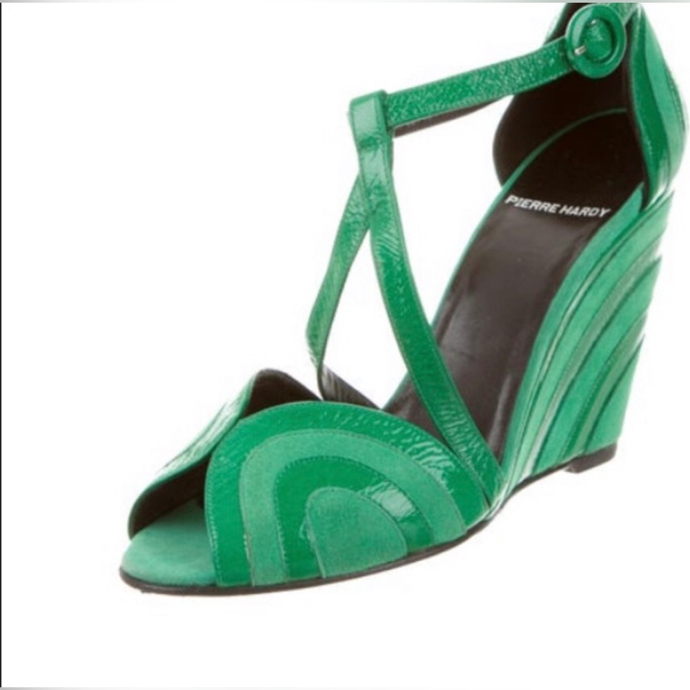 Pierre Hardy Green Suede and Patent Leather Wedge Sandal Heels